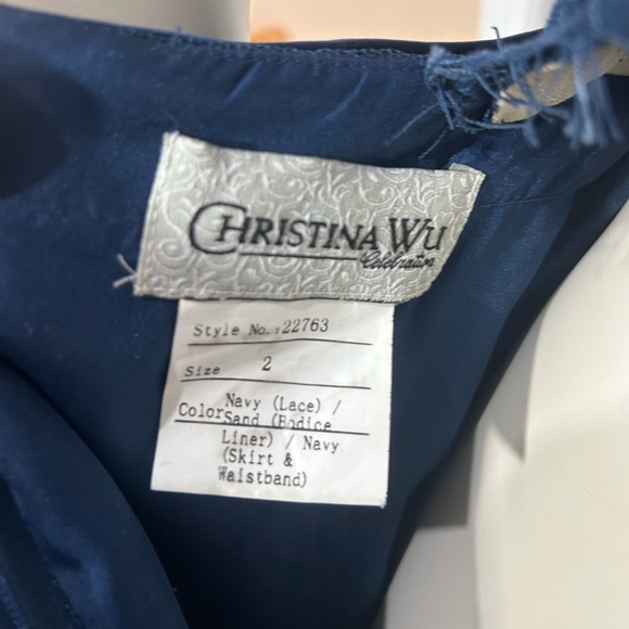 CHRISTINA WU HALTER NECK LACE CHIFFON BRIDSMADE LONG DRESS NAVY BLUE BRAS SIZE 2 - Picture 13 of 15